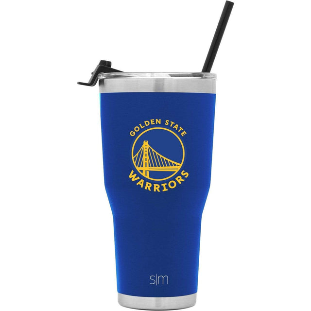Royal blue insulated tumbler with brushed stainless steel rim and base, featuring Golden State Warriors logo