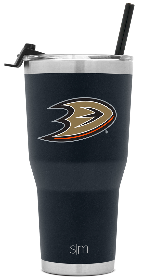 Black stainless steel insulated tumbler with brushed silver band around top rim and matching base ring on white background