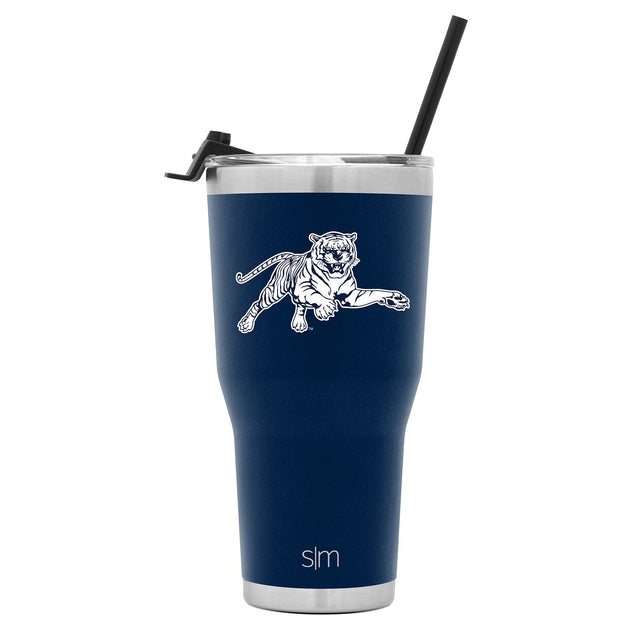 Navy blue tumbler with white tiger graphic, brushed stainless steel rim and base, includes black straw.