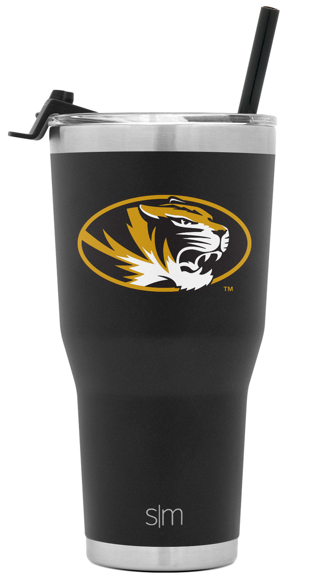 Matte black insulated tumbler with brushed stainless steel trim bands and integrated black handle with straw, centered on white background