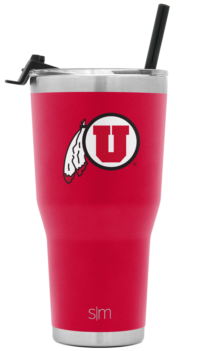 Crimson red insulated tumbler with brushed stainless steel silver bands on upper and lower edges