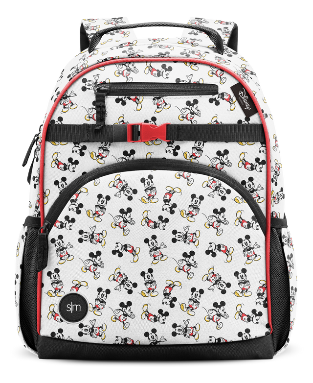 Medium-sized Fletcher kids' backpack in cream with red trim, black shoulder straps, and all-over Mickey Mouse print, displayed front-facing against white background.