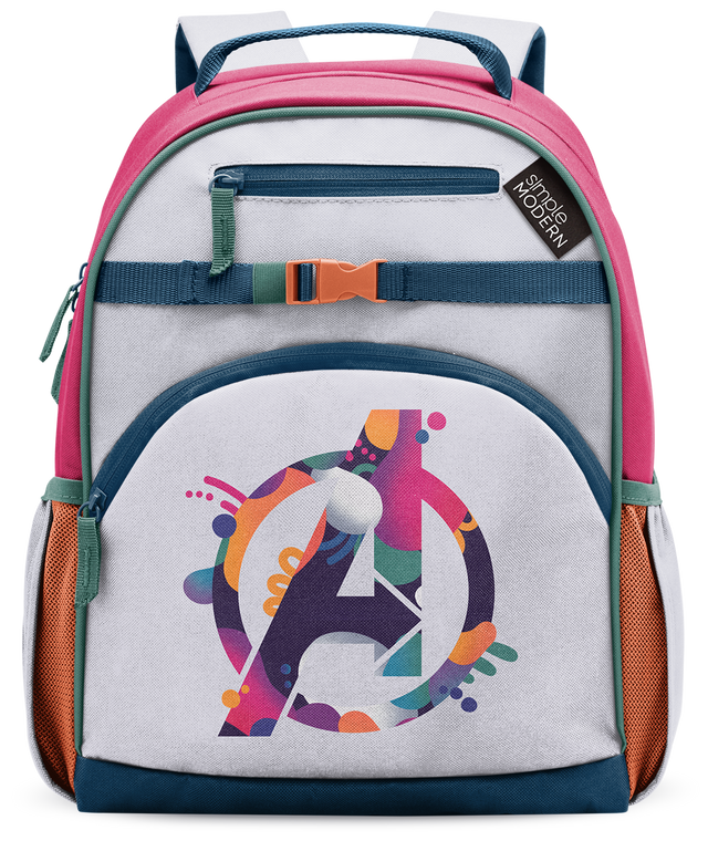 Fletcher Kids' Backpack in hot pink and white with teal trim, featuring a colorful geometric number four design on the front pocket, multiple compartments, dual handles, side mesh pockets, and Simple Modern branding.