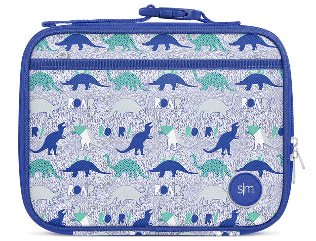 Royal blue lunch box with white interior panel featuring teal repeating pattern, includes blue straps and trim
