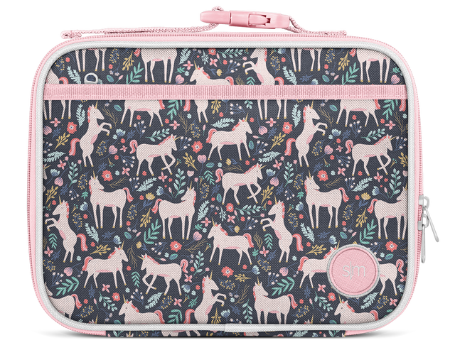 Soft pink and dark navy blue lunch box with zippered compartments, handle, piping, and trim details
