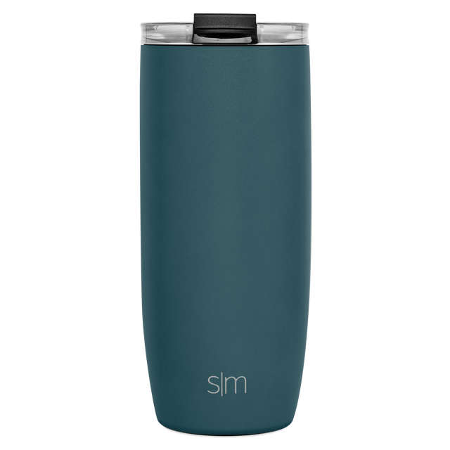 Muted teal-blue insulated tumbler with matte finish and tapered cylindrical shape on white background
