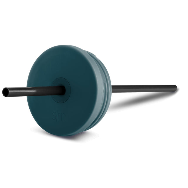 Teal circular disc with black straw stem on clean background