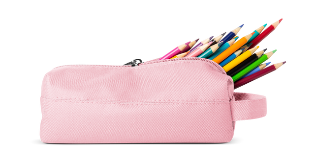 Soft pink pencil case with rainbow-colored pencils on white background