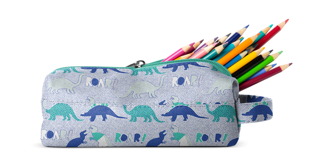 Light gray pencil case with turquoise and navy blue pattern, filled with colored pencils in pink, magenta, and other vibrant colors.