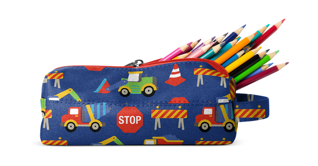 Navy blue pencil case with colorful construction-themed design featuring red, orange, yellow, green, cyan, and purple accents