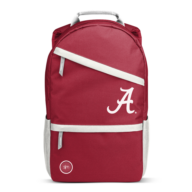 Crimson red backpack with cream-colored carrying straps and off-white accents on panels and top handles.