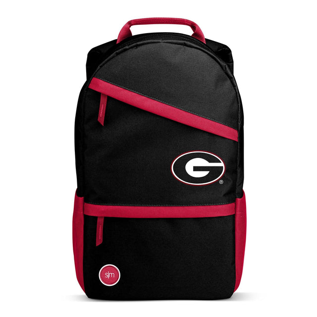 Black and red color-block backpack with crimson red accents on the handle, bottom panel, diagonal stripe, and sides
