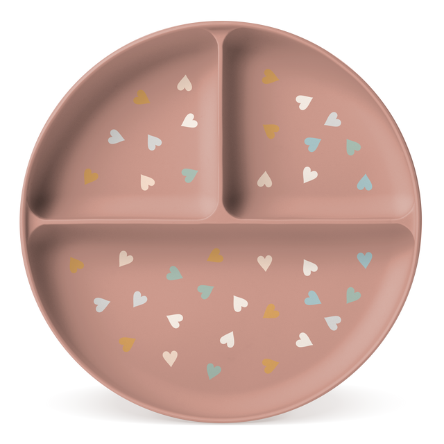 Dusty rose-brown plate with scattered white and pale blue heart pattern