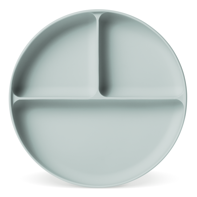 Sage green divided plate with three compartments on white background