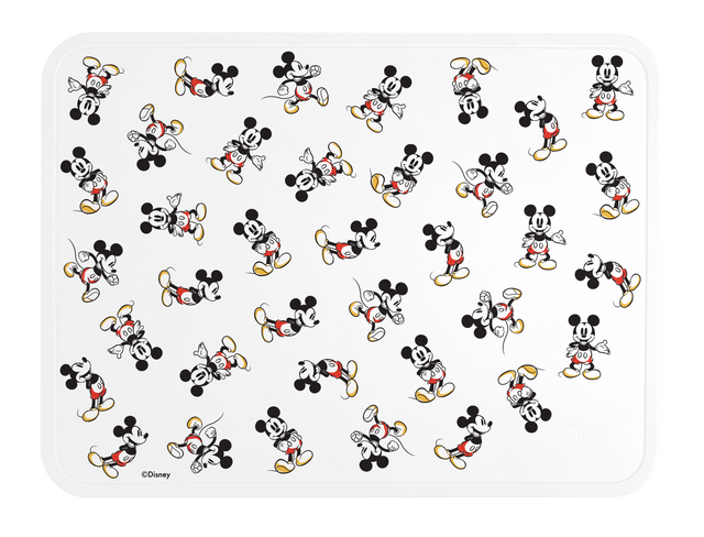 Mickey Mouse character design featuring classic red, black, tan, and white colors against a light gray background.
