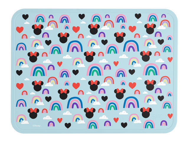 Soft light blue background with vibrant rainbow arcs in pink, blue, purple, green, and yellow