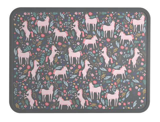 Dark charcoal gray background with repeating pattern of light pink unicorns and botanical elements