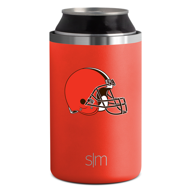 Bright red Cleveland Browns beverage insulation sleeve with cylindrical design