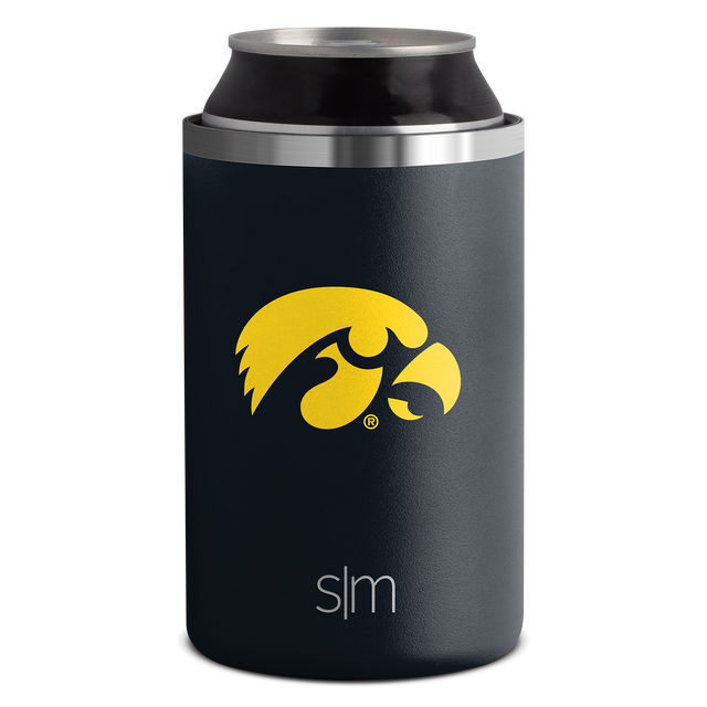University of Iowa stainless steel drinking cup with dark navy blue base and brushed metal band around middle and rim