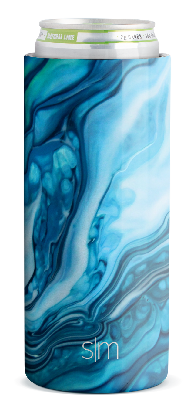 Slim beverage can cooler with abstract marble swirl pattern in navy blue, teal, light blue, and white