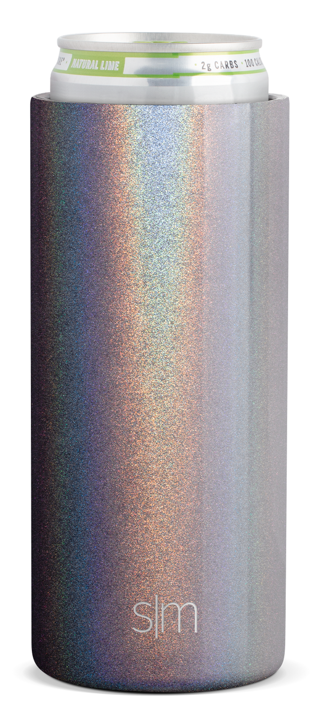 Holographic glitter can sleeve with iridescent purple, blue, gold, and rose pink colors that shift and sparkle across the surface
