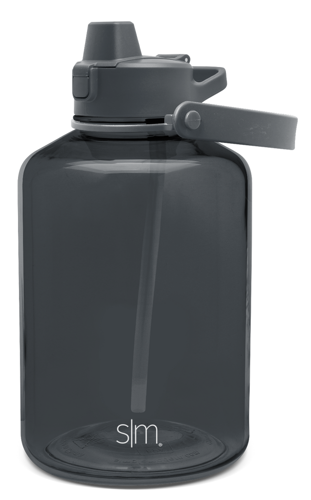 Dark charcoal gray water bottle with matching cap and spout assembly on white background