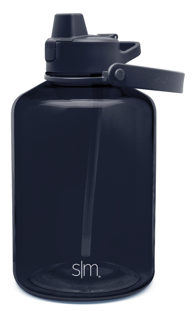 Deep navy blue water bottle with flip-top lid, featuring reflective accents on a dark colored container and cap design.