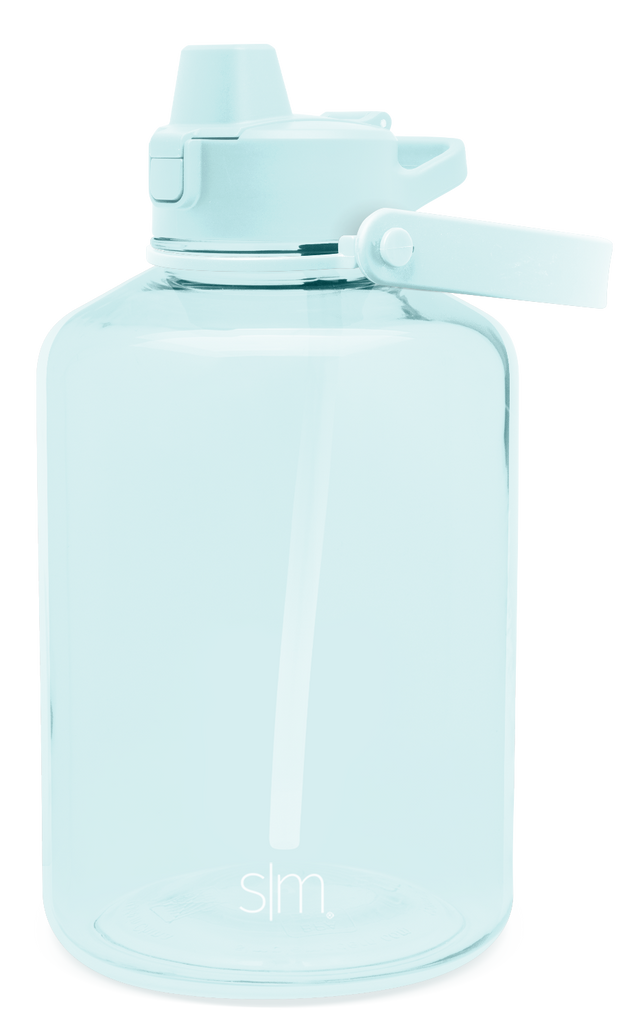 Light aqua translucent water bottle with cylindrical body and rounded bottom on white background