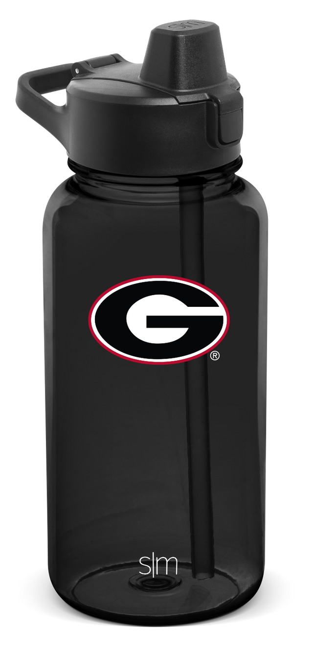 Black durable plastic water bottle with cylindrical shape and secure carry handle against white background