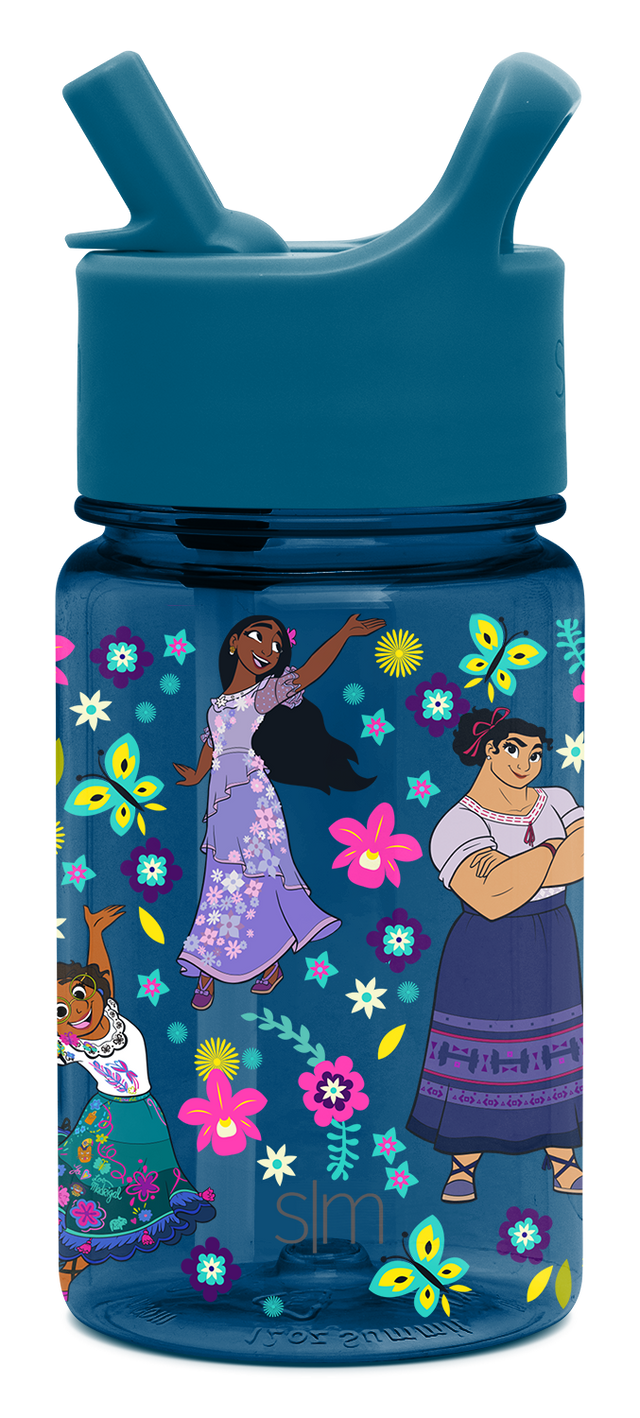 Teal blue bottle with matching silicone cap and navy blue decorated band with vibrant accents