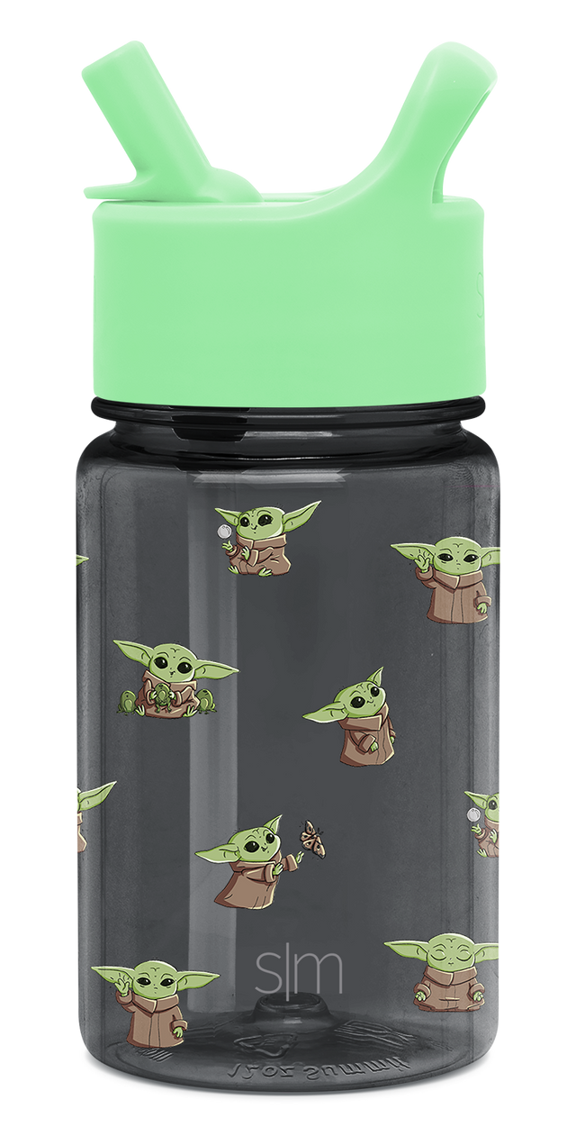 Mint green and charcoal gray water bottle with flip-top lid and dual handles
