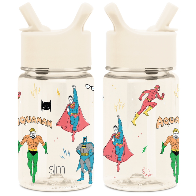 Three stainless steel water bottles with cream and clear glass lower chambers, featuring vibrant red, blue, orange, and green accent bands around the upper sections.