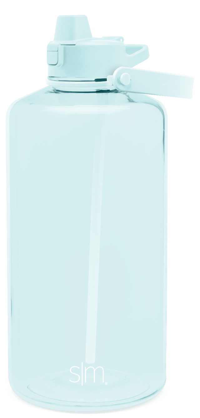 Soft seafoam blue water bottle with carry handle and matching cap, displayed against a plain background.