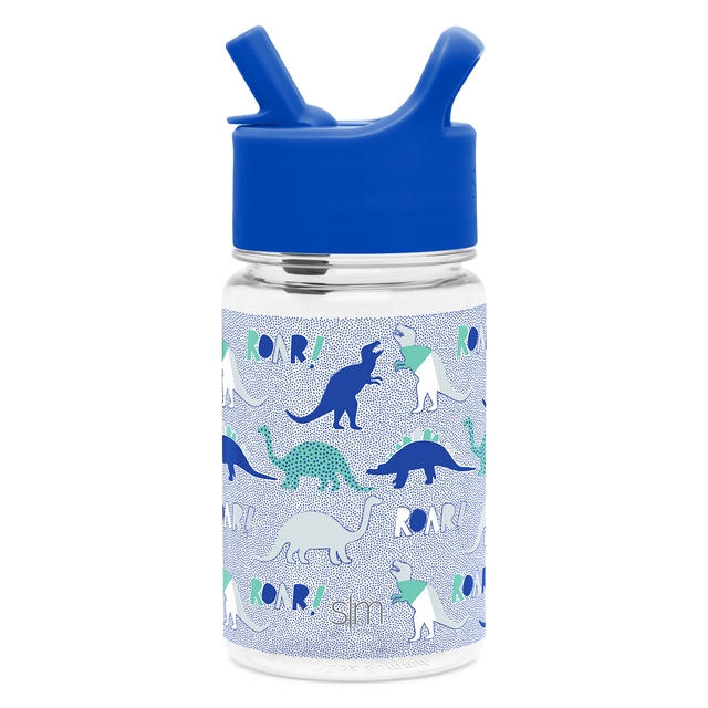 Bright blue cap and lid assembly on a white translucent water bottle with navy, teal, and light gray label accents