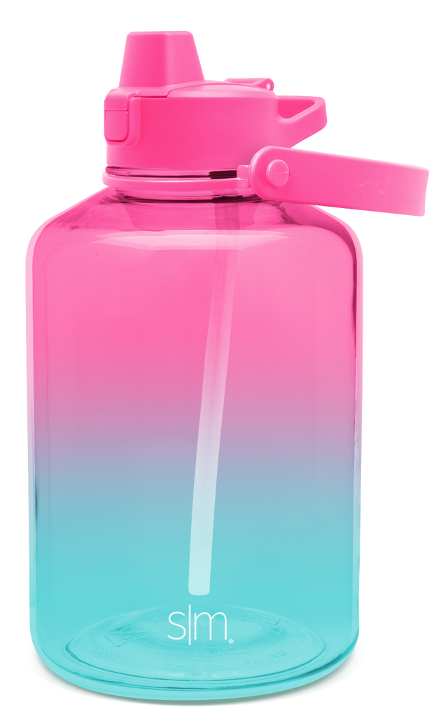 Modern water bottle with hot pink to lavender to turquoise ombré gradient, featuring a sleek cylindrical design with a secure cap, displayed against a white background.