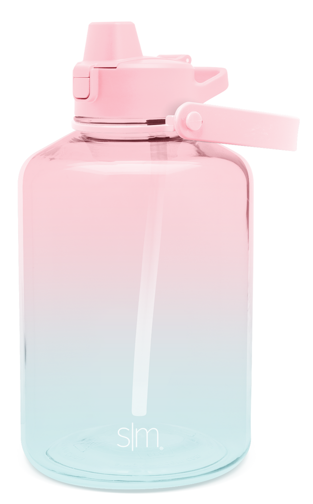Ombre gradient water bottle transitioning from soft pink at top through pale mauve to pale blue-green at bottom with cap assembly