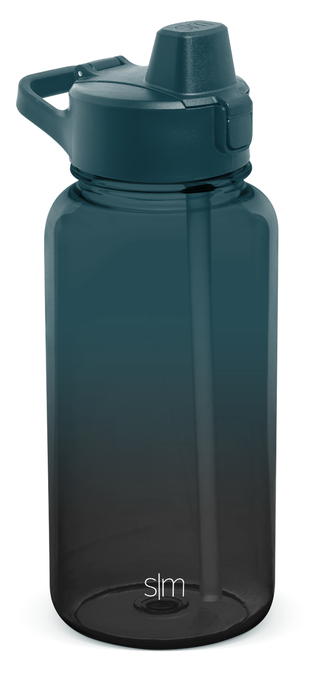 Teal to black ombre water bottle with matching teal cap and lid assembly