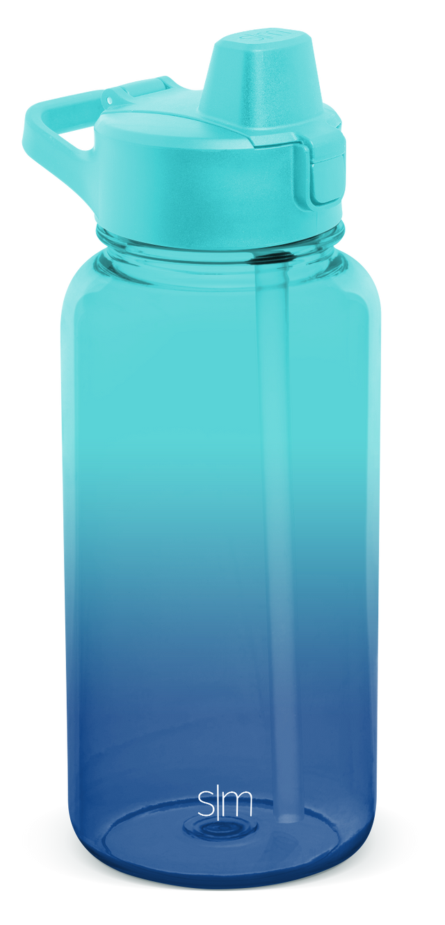 Gradient ombre bottle transitioning from bright turquoise at the top to light blue tones in the middle section