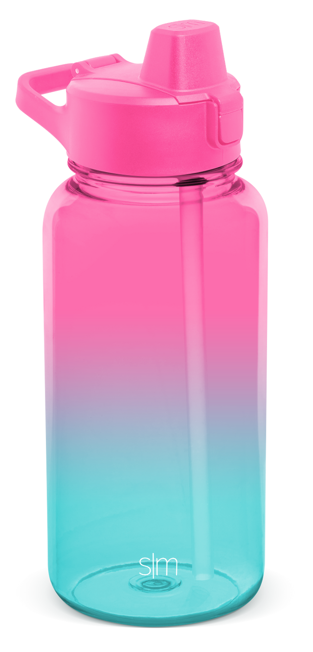 Simple Modern water bottle with hot pink to lavender ombre gradient design on white background