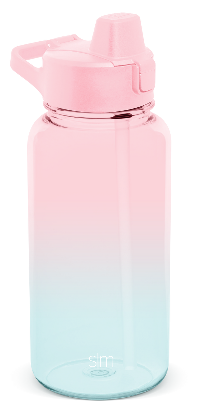 Ombre water bottle with pale pink top fading to white middle and light aqua blue bottom, solid white cap and carrying handle