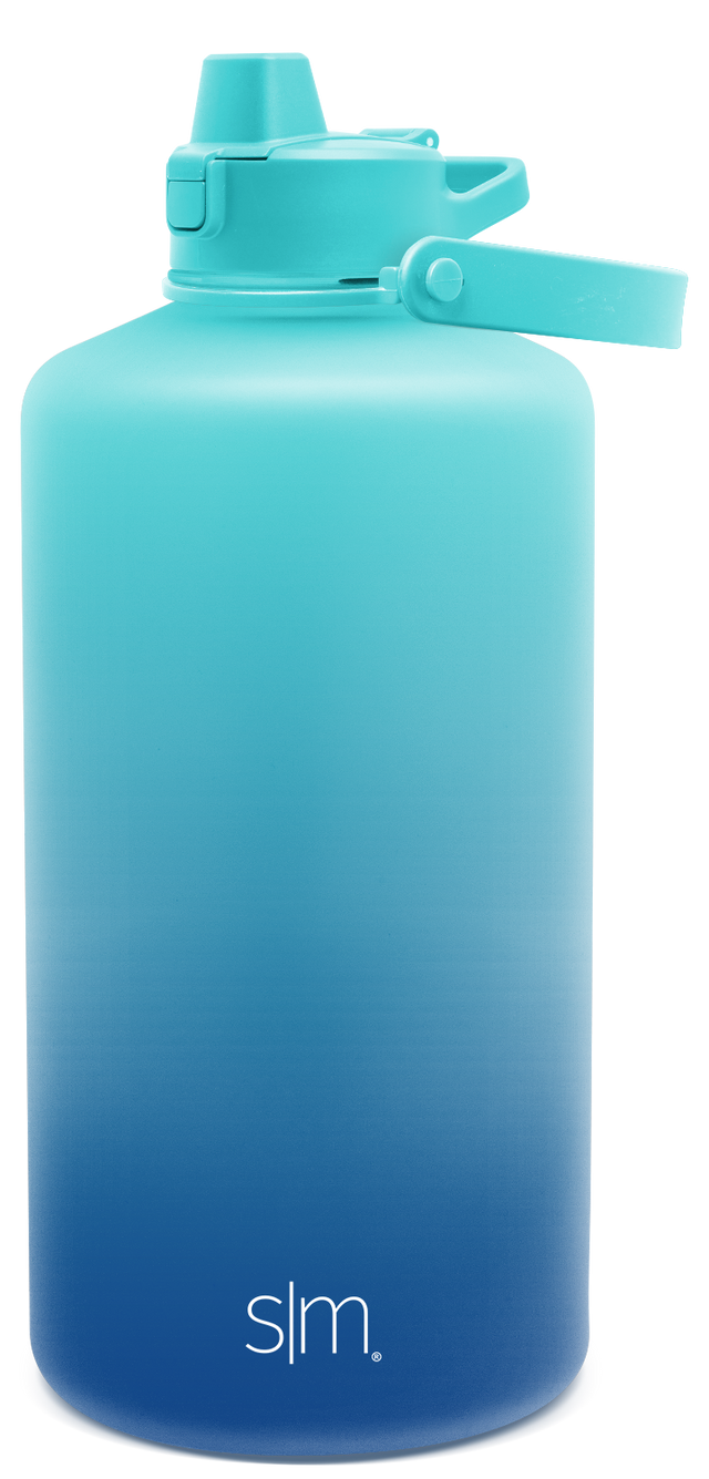 Cylindrical water bottle with ombré gradient transitioning from bright turquoise cyan at the top to deep navy blue at the bottom.