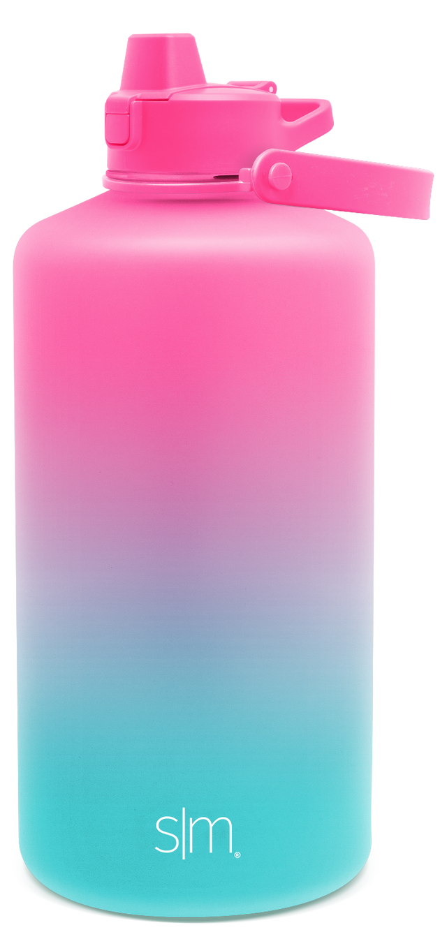 Summit Water Bottle with ombre gradient transitioning from hot pink at top to turquoise blue at bottom, modern cylindrical design with stainless steel construction