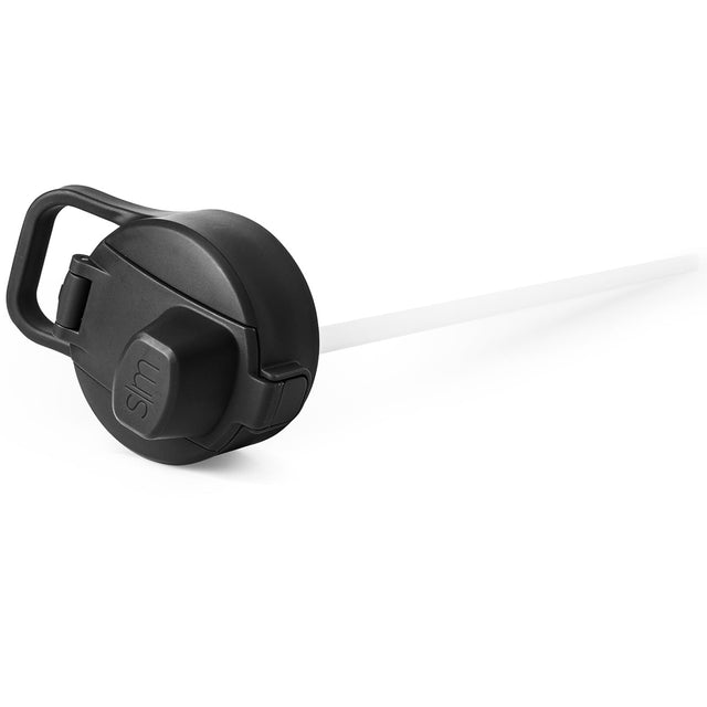 Matte black lid cap with handle and white straw against neutral background
