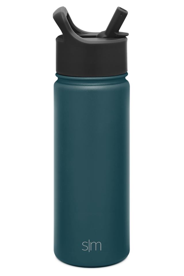 Teal water bottle with black cap on white background