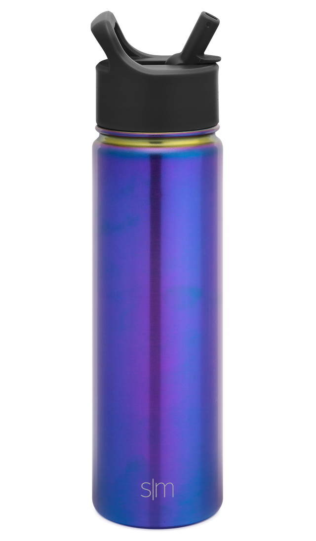 Iridescent water bottle with gradient color transition from deep royal blue at the bottom to vibrant violet and magenta tones at the top.