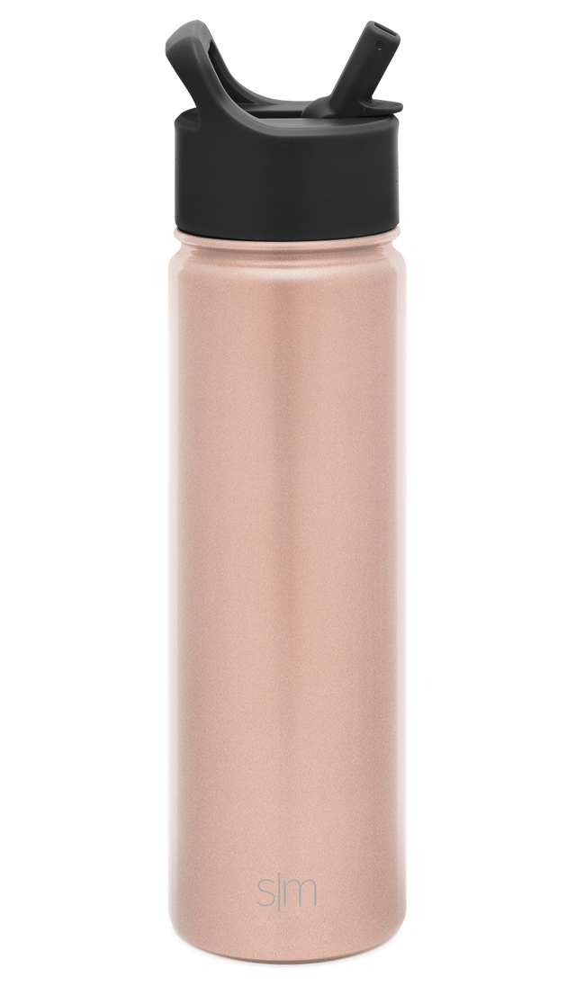 Blush pink cylindrical water bottle with matte black lid and cap