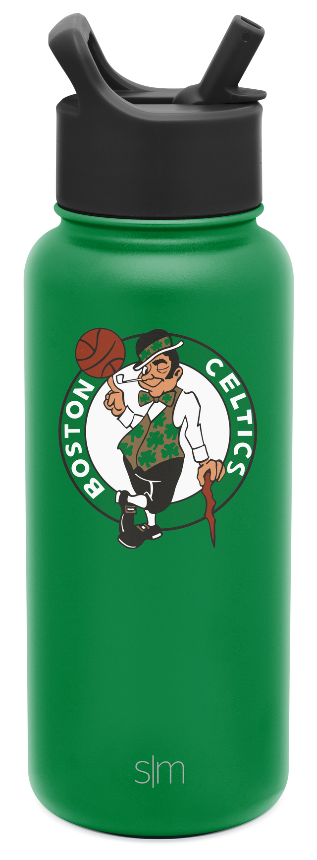 Kelly green water bottle with black cap and Boston Celtics logo in red and white