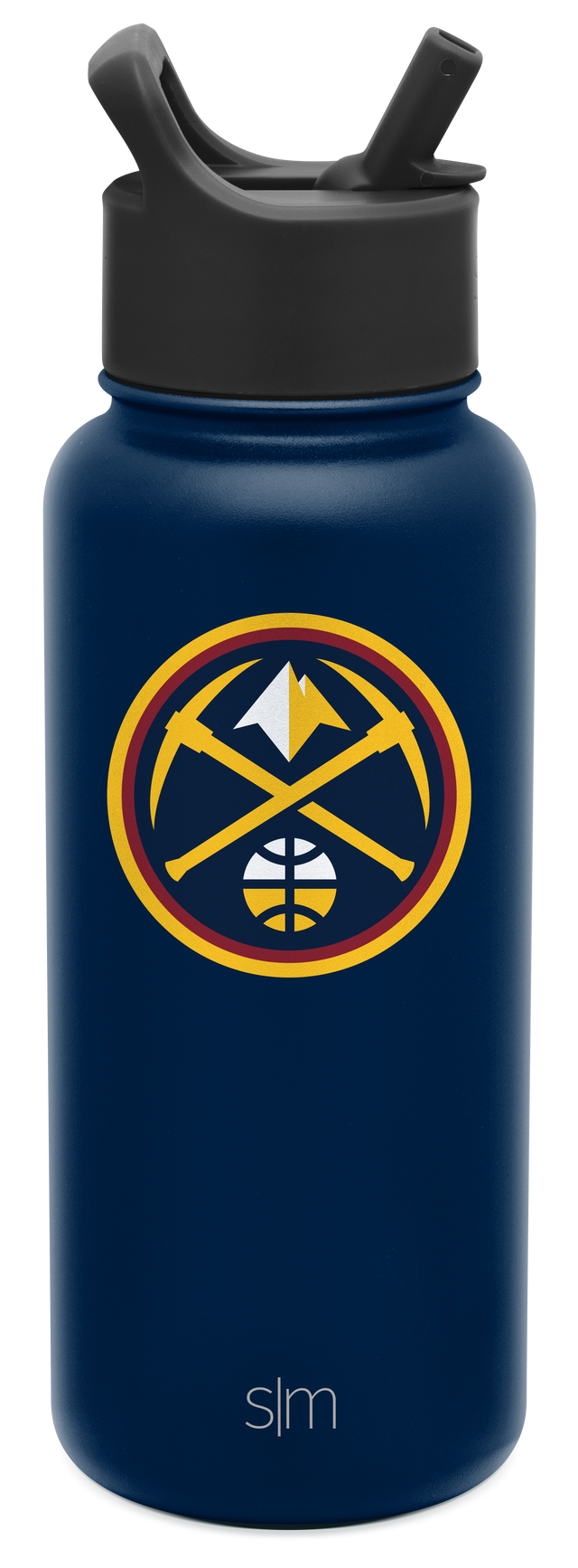 Deep navy blue cylindrical water bottle with charcoal gray cap and lid mechanism, simple modern design