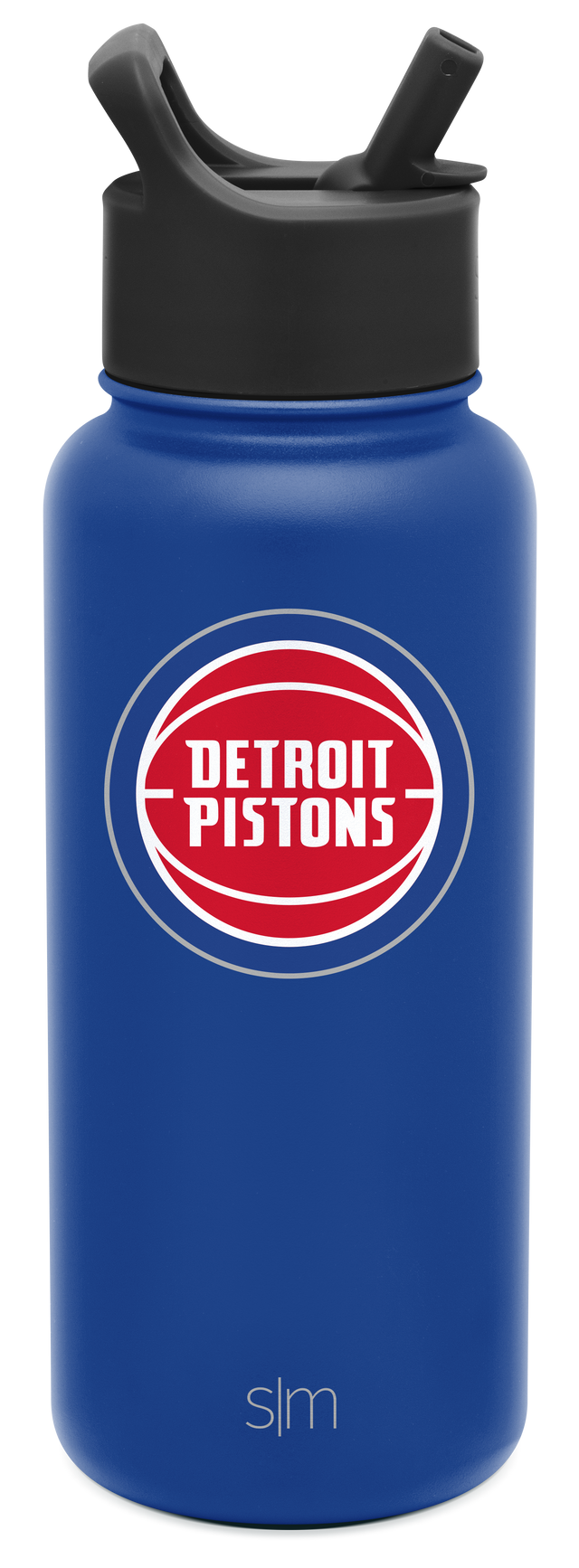 Cobalt blue water bottle with charcoal black cap and red and white accents, detailed product view