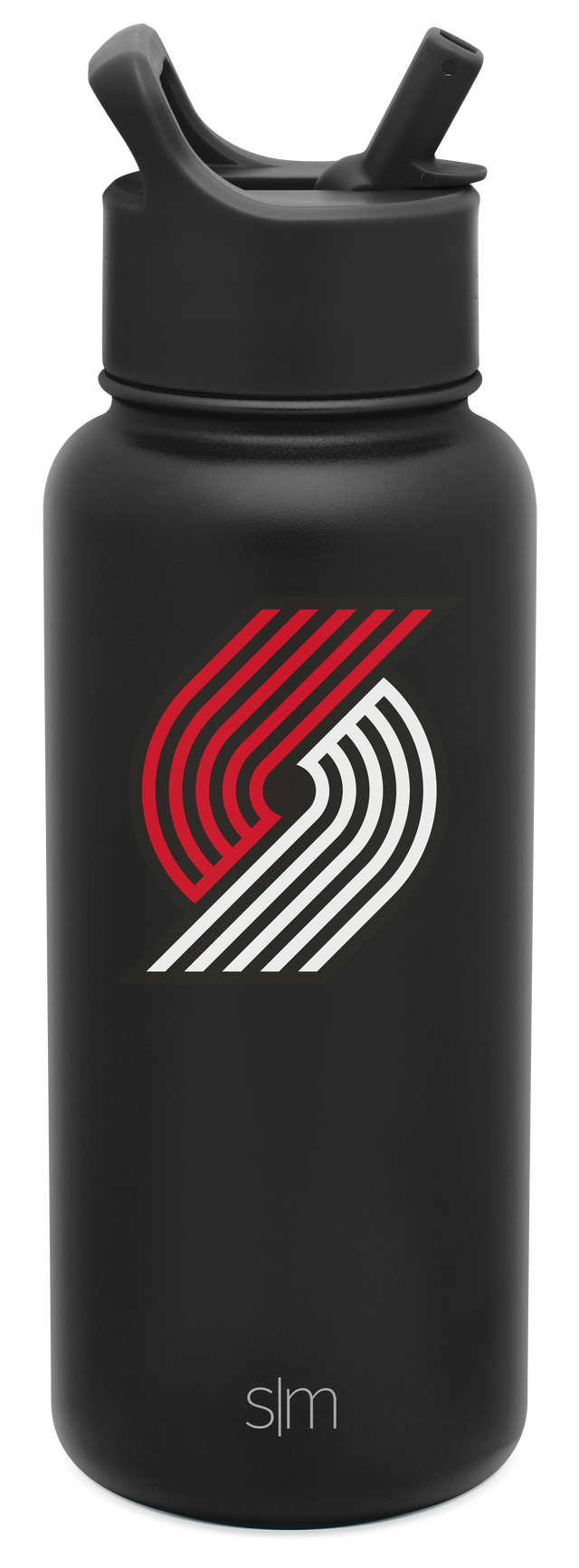 Black water bottle with red and white logo on front, featuring black lid assembly